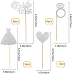 24 Pcs Glitter Bride Cupcake Toppers Silver Bridal Shower Cupcake Picks with Heart Ring Dress for Wedding Engagement Anniversary Party Cake Decorations