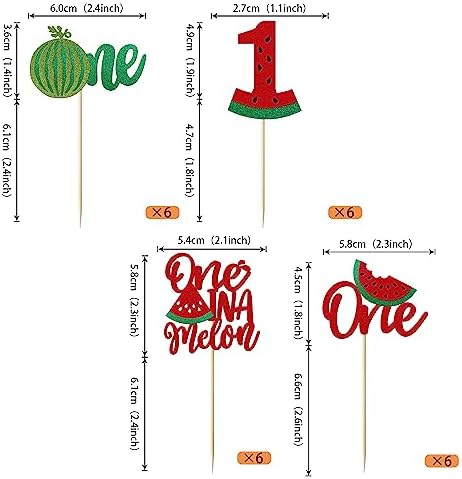 Rsstarxi 24 Pack Glitter Watermelon Cupcake Toppers One in a Melon Cupcake Picks Decorations for First Birthday Watermelon Themed Baby Shower Kids 1st Birthday Party Cake Decorations