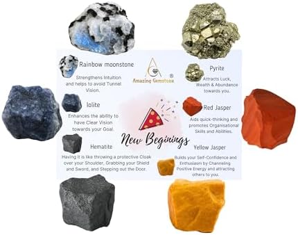 Amazing Gemstone Crystals for New Beginnings Manifestation, Set of 6 Rainbow Moonstone, Iolite, Red Jasper, Hematite, Yellow Jasper and Pyrite Healing Crystals and Stones