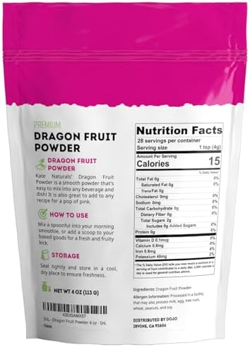 Kate Naturals Dragon Fruit Powder for Baking & Drinks (4oz). Vegan, Gluten Free Dried Pink Pitaya Powder for Dragonfruit Syrup, Smoothies & Food Coloring