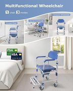 Shower Wheelchair with Drop Arms Lockable Casters, 330lbs Heavy Duty Bedside Commode, Waterproof Aluminum Shower Chair, Anti-Tilt Foldable Footrest, Sponge Padded Seat, for Elderly&Mobility