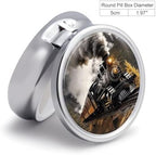 Round Pill Box Steam Train Pill Case 3 Compartment Medicine Pill Organizer for Purse & Pocket Portable Travel Pillbox Medicine Vitamin Cod Liver Oil Storage Box Organizer