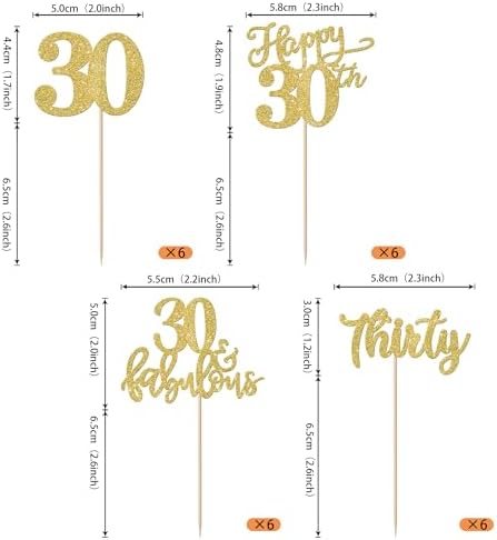 Rsstarxi 24 Pack Happy 30th Birthday Cupcake Toppers Gold Glitter Thirty 30 Fabulous Cupcake Picks 30th Birthday Cake Decorations for 30th Birthday Anniversary Party Decorations