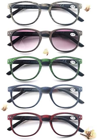 MODFANS Reading Glasses Women/Men Wood Look Round Frame Includes Sun Readers glasses for outdoors 5-Pack Comfort Flexible?Spring Hinge Lightweight with soft case 1.75