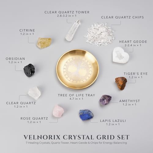 7 Chakra Healing Crystals Grid Set – Real Stones, Clear Quartz Tower, Amethyst & Tree of Life Altar Tray – Spiritual Meditation & Reiki Decor for Yoga, Positive Energy (Guide Included)