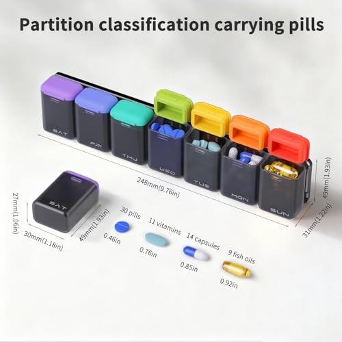 Weekly Pill Organizer 1 Time a Day Weekly Pill Organizer Magnetic Large Travel Pill Case, Week Once Daily Medication Dispenser Medicine Container Holder for Supplement Box 7 Day 1 Time a Day(Black)