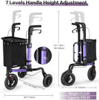 Ambliss 3-Wheel Rollator Walker for Seniors, 300lb Capacity, 10" All-Terrain Wheels, Lightweight Foldable Walker with Large Basket & Removable Tray, Height Adjustable Purple Mobility Aid (Purple)