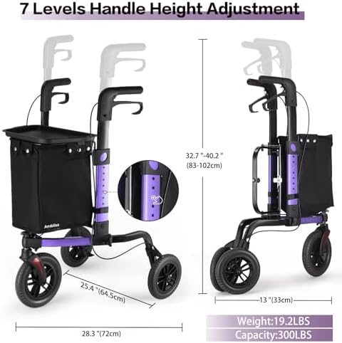 Ambliss 3-Wheel Rollator Walker for Seniors, 300lb Capacity, 10" All-Terrain Wheels, Lightweight Foldable Walker with Large Basket & Removable Tray, Height Adjustable Purple Mobility Aid (Purple)