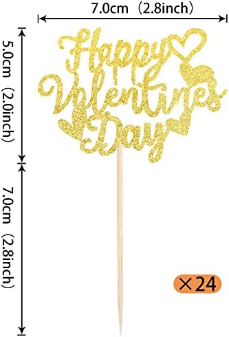 24 Pack Happy Valentine's Day Cupcake Toppers with Heart Glitter Sweet Love Theme Valentine's Day Cupcake Food Picks Valentine's Day Theme Birthday Party Cake Decorations Supplies Gold