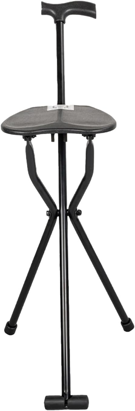 300 Lbs Crutch Stool with Seat,Lightweight Folding Walking Stick Chair Portable Thick Aluminum AlloyCane for Senior Elderly Camping Hiking Black