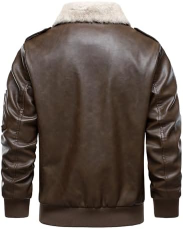 HOOD CREW Men’s Faux Leather Aviator Bomber Jacket with Fur Collar Warm Fleece Lined Biker Jackets Vintage Winter Coats