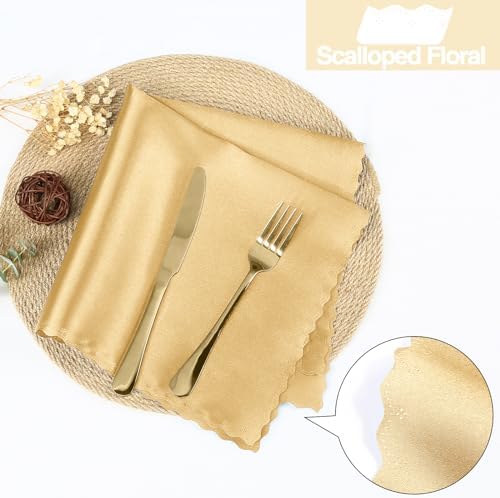 Homiest 100 Pack Gold Satin Dinner Napkins 20x20 Inches, Scalloped Square Silky Elegant Wedding Decor, Smooth Table Cloth for Restaurant Banquet Graduation Party