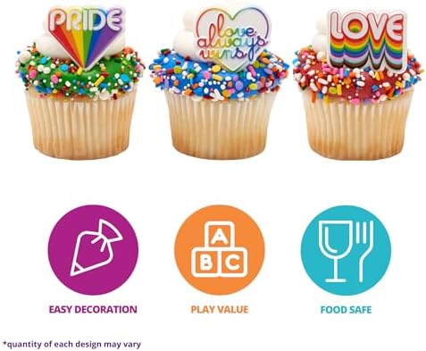 DecoPac Love Always Wins Rings, Rainbow Pride Cupcake Toppers, Celebration Cupcake Decorations, Food Safe Cake Topper – 24 Pack