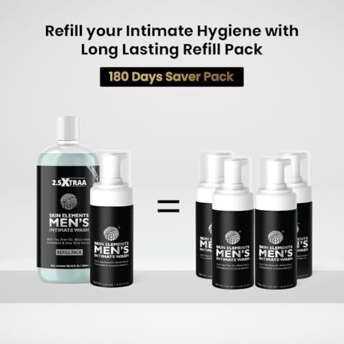 Skin Elements Men's Intimate Wash JUMBO Pack | with Refill | For 180 Days | 14.2 fl. oz | pH Balanced Hygiene Foaming Wash | Controls Bad Odor | Tea Tree Oil | Super Saver Pack |