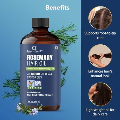 Botanic Hearth 100% Pure Rosemary Oil For Hair Growth Infused With Biotin | Hair Strenghtening Treatment | Nourishing & Volumizing | With Jojoba Oil & Castor Oil | Non GMO Verified | 2 fl oz, Blue