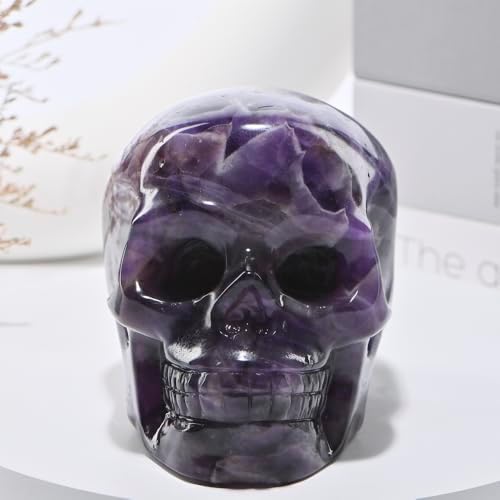 5''Natural Dreamy Amethyst Crystal Skull Head Hand Carved Reiki Healing Stone Statue Healing Home Office Art Room Decoration