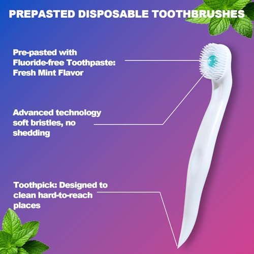 Mini Disposable Toothbrush, Pre-Pasted Toothbrushes with Toothpaste and Toothpick for Travel - Fluoride Free, No Rinsing Needed, Mint Flavor, Fresh Breath Anywhere Anytime - 28 Ct