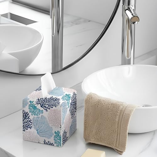 Coastal Tissue Box Cover — Blue Nautical Ocean Beach Coral Decorative Square Faux Leather Tissue Box Holder Dispenser, Coastal Accessories for Bathroom Car Home