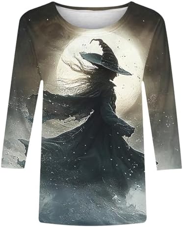 Halloween Tops for Women 3/4 Sleeve T-Shirt Vintage Witch Graphic Tees Ladies Blouse Crew Neck Tunic Shirts