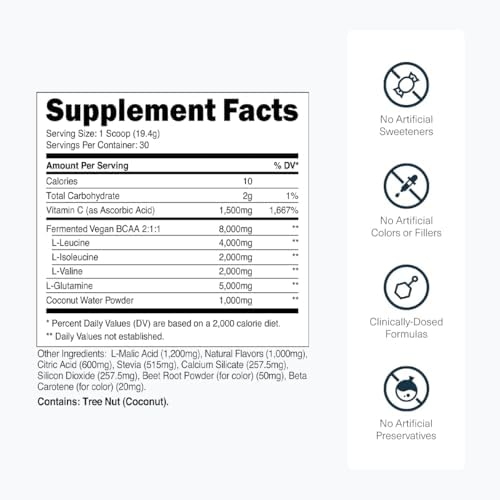 Transparent Labs BCAA Glutamine - 8000 Mg of BCAA Powder with L Glutamine for Post Workout Recovery, Muscle Growth, & Increased Endurance - 30 Servings, Tropical Punch