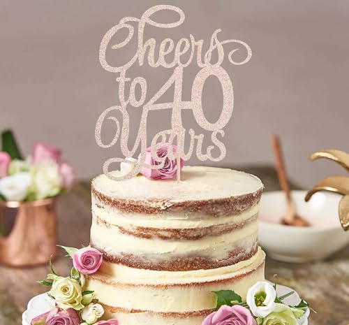 Cheers to 40 Years Cake Topper - Rose Gold Glitter 40th Birthday Cake Decorating Supplies, Perfect for 40th Anniversary or Forty Birthday Party, Photo Booth Props