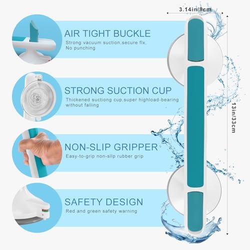 Showers Bathtubs Grab Bars, Suction Cup Handle with Pressure Indicator, Anti Slip Grip, Heavy Duty Safety Rail, Tool-Free Easy Install on Tile Glass Metal Wall Surface (Blue)
