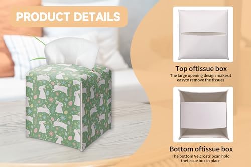Easter Bunnies Leather Tissue Box, Rabbit Egg Tissue Box Cover, Square Leather Holder, Easter Spring Table Decor, Decorative for Home Office Kitchen Bathroom -01