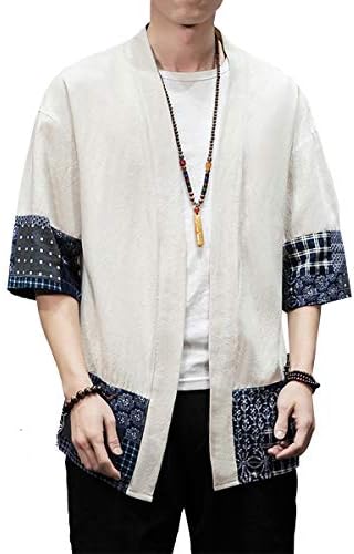 PRIJOUHE Men's Kimono Jackets Cardigan Lightweight Casual Cotton Blends Linen Seven Sleeves Open Front Coat Outwear
