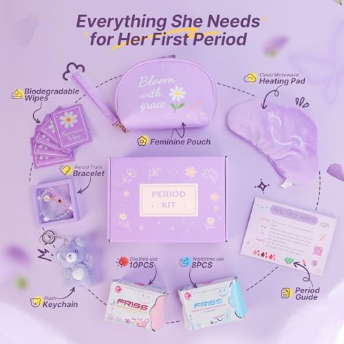 First Period Kit for Girls 9–12 – Tween Menstrual Starter Kits with 8 PC Period Gift Kits for for Tween Girls Gift-Ready Box (Purple)