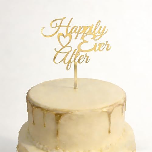 Happily Ever After Cake Topper-Acrylic Gold Wedding Cake Decorations for Wedding,Engagement,Bridal Shower,Vow Renewal,Anniversary Party Decoration Supplies
