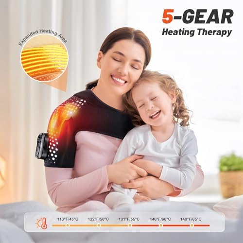 Cordless Shoulder Heating Pad with Massager, with Detachable Remote,Shoulder Massage Wrap with 6 Heating Levels 5 Vibration Modes, Rotator Massager for Pain Relief,for Men & Women
