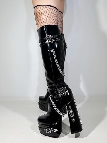 Frankie Hsu Goth Sexy Chunky Platform Knee High Heeled Boots, Black Patent Silver Chain Rivets Gothic, Punk Y2K Hot Girl Big Large Size Wide Calf Long Shoes For Women Men