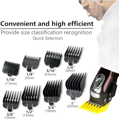 Professional Hair Clipper Combs Guides Set - 1/16 to 1 Size Range, Black Replacement Guards，COMPATIBLE WITH WAHL Most Clippers/Trimmers (8 Pieces)