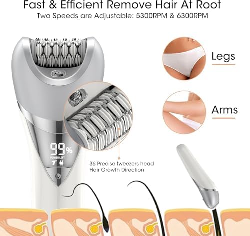 Epilator for Women, 7 in 1 Hair Removal Epilator, Electric Shaver for Women, Facial Brush, Face Massage and Body Exfoliator, IPX6 Waterproof Lady Razor for Whole body.