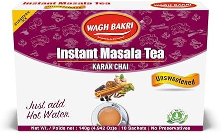 Wagh Bakri Instant Masala Tea, Unsweetened No Sugar Added, Karak Chai - 140grams, 10 Sachets [International Pack]