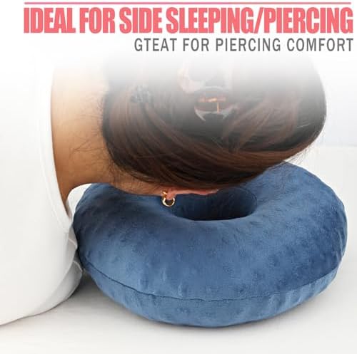 Ear Piercing Pillows for Side Sleeper with Ear Hole CNH Piercing Pillows Support Head Neck Ear Pain Relief Ear Pressure Sore Side Sleeping Ear Guard, Minky Dot Denim Blue