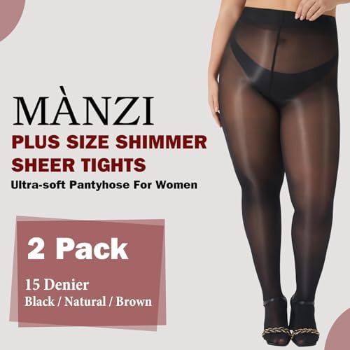 MANZI Women's Plus Size Shimmer Glossy Sheer Tights Seamless Shiny Silk reflections Pantyhose Oil Pearlescent Stockings