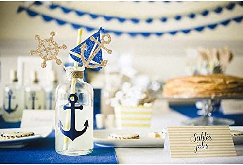 24 Pcs Nautical Theme Glitter Cupcake Picks Cupcake Toppers Food Fruit Picks for Decoration Party Favors