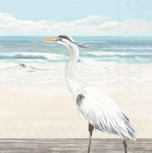 IHR Ideal Home Range Cocktail Napkins Disposable 3-Ply Paper Party Napkin Pack, 5" x 5", Egret On The Beach, 20-Count