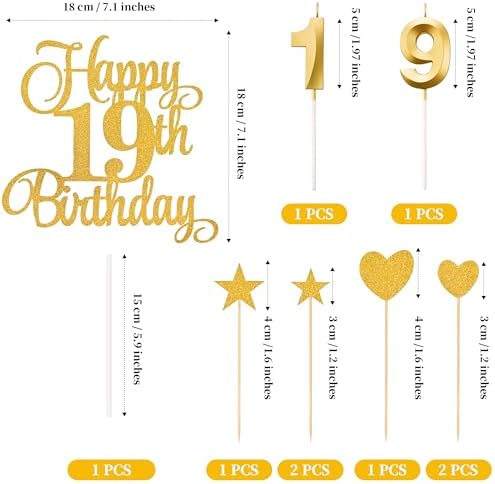 19th Birthday Cake Decorations, 19th Birthday Candles Cake Numeral Candles and Glitter Happy 19th Birthday Cake Toppers Set for Birthday Party Supplies (Gold)