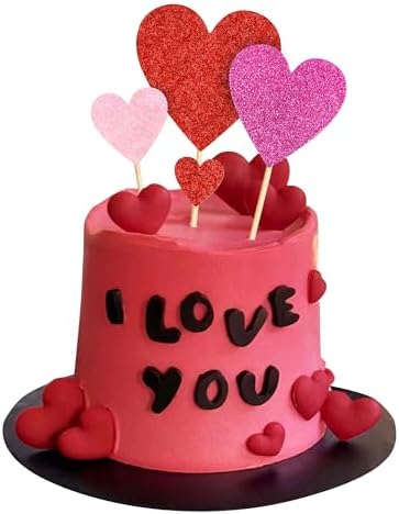 35 pcs Glitter Red Heart Cake Toppers Picks for Sweet Love Theme Wedding Engagement,Valentine's Day Bridal Shower Mother's Day Party Cake Decors (Red heart) (Pink Red Light Pink)