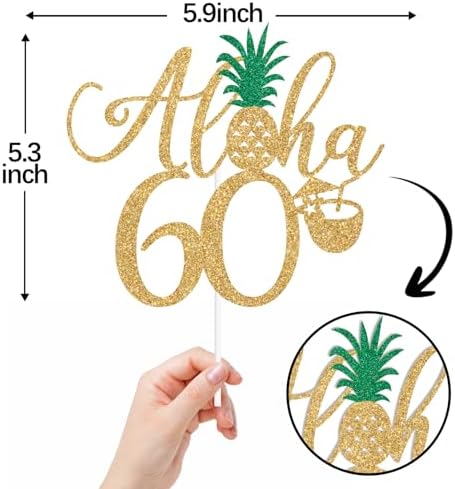 Gold Glitter Aloha 60 Cake Topper, Hawaiian Happy 60th Birthday Cake Decorations, Summer Tropical Palm Leaves Flamingo Luau Themed 60th Birthday/Anniversary Party Decorations Supplies
