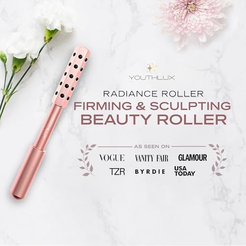 Radiance Roller – Germanium Stone Facial Massage Tool/Wand Face Roller for Lifting, Sculpting, De-Puffing, Glow Boost, Energizing & Cooling Effect (Rose Gold)