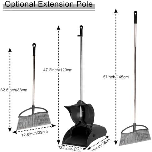 Long Handle Heavy Duty Broom and Dustpan Set, Outdoor and Commercial Upright Dustpan and Brush for Restaurant Garage Garden Yard Office,Black