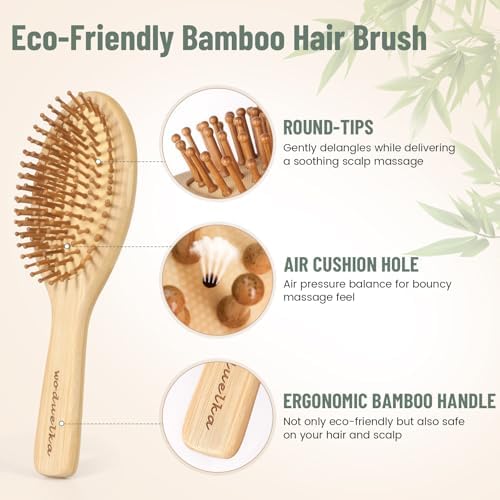 Bamboo Hair Brush Set – Mother’s Day Gift, Bamboo Comb Set for Hair Growth, Paddle Detangling Hairbrush, Wide Tooth & Tail Tooth Comb and Mini Boar Bristle Travel Hairbrush, Brush Cleaner Included