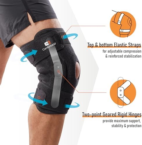 Comforband Adjustable Hinged Knee Brace – Dual Side Hinges for ACL, PCL, MCL Injury Support, Meniscus Tear, Arthritis Pain Relief, Post-Surgery Recovery (Black, S/M)