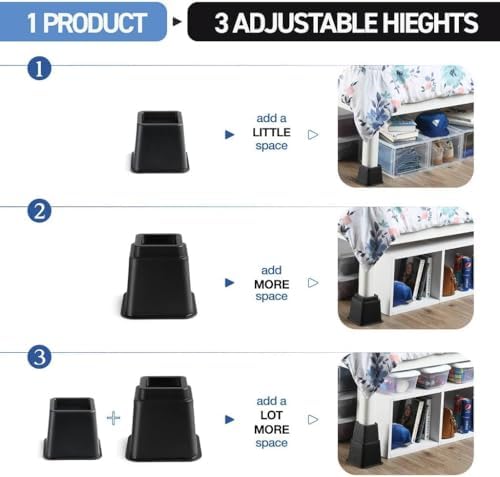 Home It Adjustable Bed Risers - Elevation in 3, 5 or 8 Inch - Heavy Duty Stackable Furniture Risers Supports 1,300 lbs - for Under-Bed Storage, College Dorms, Table and Couch, 4 Pack Bed Lifts Black