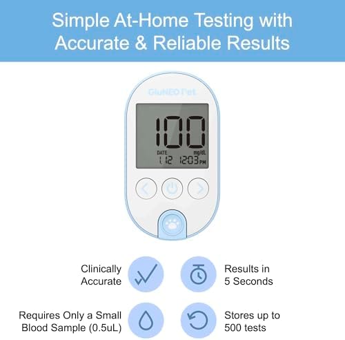 OHC GluNEO Pet Glucose Monitoring System for Dogs & Cats – Pet Glucose Meter Kit with 25 Test Strips, 25 Lancets, Lancing Device, Carry Case, Fast 5-Second Readings