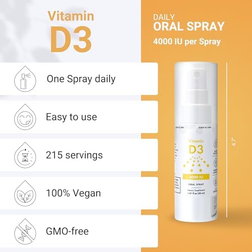 Vitamin D3 Spray 4000 IU (215 Servings) - High Absorption, Vegan, Supports Bone & Immune Health, Calcium Absorption - Daily Oral Vitamin D Spray