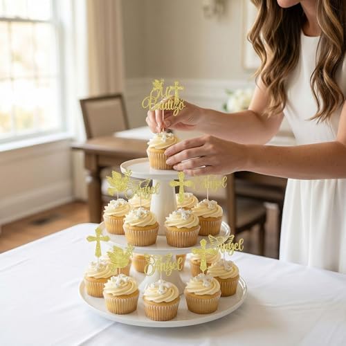 24Pcs Spanish Mi Bautizo Cupcake Toppers with Glitter Cross Angel Dove Baptism Cupcake Picks Decorations for Religious God Bless Theme Baby Shower Birthday Christmas Party Supplies Gold